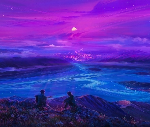 Postacie, Niebo, Rzeka, Zachód słońca, Grafika