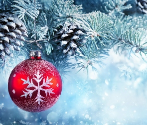 Śnieg, Szyszki, Drzewka, Boże Narodzenie, Świerk, Bombki