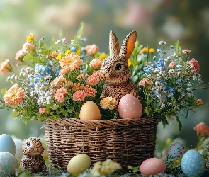 Zajączek, Kwiaty, Pisanki, Koszyk, Wielkanoc