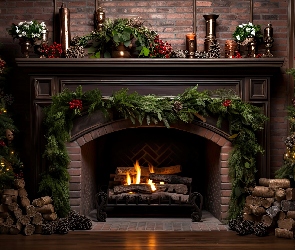 Kominek, Grafika AI, Boże Narodzenie, Dekoracje, Choinki