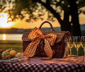 Grafika, Zachód słońca, Koszyk, Kompozycja, Drzewo, Piknik, Kokarda