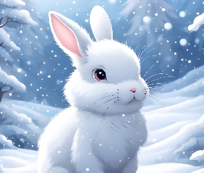 Biały, Grafika, Śnieg, Królik, Zima