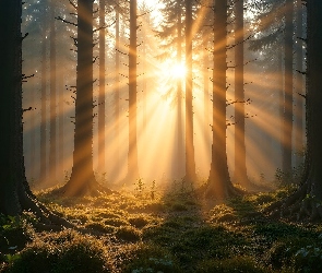 Przebijające światło, Mgła, Las, Drzewa