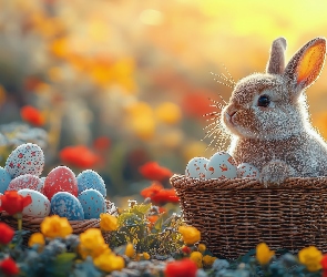 Kwiaty, Pisanki, Królik, Światło, Kolorowe, Wielkanoc, Koszyk