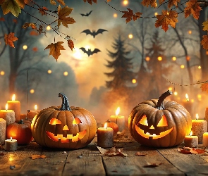 Nietoperze, Drzewa, Halloween, Grafika, Dynie, Świece