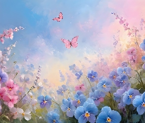 Różowe, Grafika AI, Motyle, Kwiaty, Niebieskie
