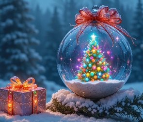 Boże Narodzenie, Śnieg, Prezent, AI, Kokardy, Choinka, Szklana, Kula, Udekorowana