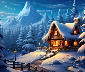 Ogrodzenie, Góry, Zima, Latarnia, Drzewa, Grafika, Dom