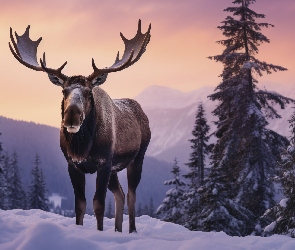 Zima, Góry, Drzewa, Śnieg, Łoś