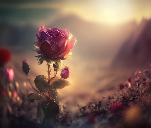 Grafika, Zachód słońca, Kwiat, Róża