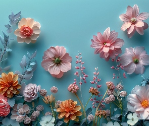 Tło, Niebieskie, Pomarańczowe, Różowe, Kwiaty, Liście