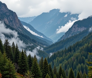 Chmury, Dolina, Drzewa, Las, Góry