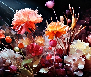 Grafika, Czarne tło, Kolorowe, Kwiaty