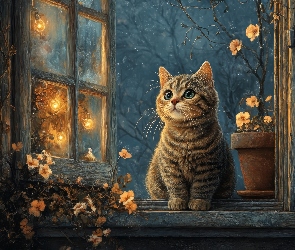 Grafika, Kwiaty, Kot, Okno