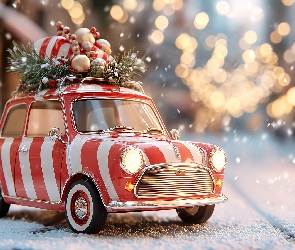 Samochód, Grafika AI, Zima, Ozdoby, Świąteczne