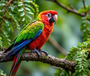 AI, Grafika, Ara, Papuga, Gałąź, Liście