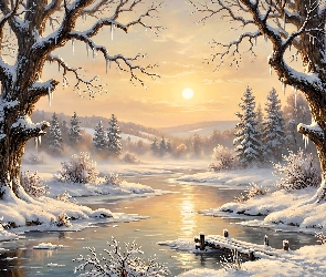 AI, Grafika, Rzeka, Zima, Drzewa, Słońce