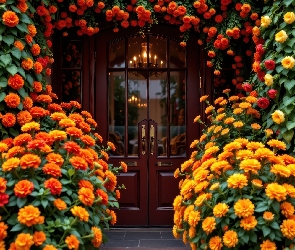 Kwiaty, Pomarańczowe, Dom, Drzwi