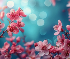 Kwiaty, Tło, Niebieskie, Gałązki, Różowe