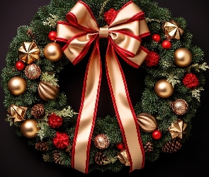 Boże Narodzenie, Ciemne, Kokarda, Tło, Gałązki, Wieniec, Kolorowe, Bombki, Świąteczny, Czerwono-złota