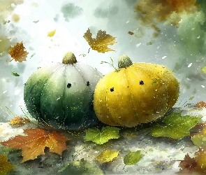 AI, Grafika, Dynie, Dwie, Jesienne, Liście