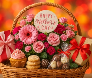 Kosz, Napis, Prezenty, Kwiaty, Dzień Matki