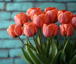 Czerwone, Cegły, Tło, Tulipany, Kwiaty