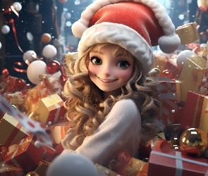 AI, Czapka, Uśmiech, Dziewczyna, Prezenty, Bombki