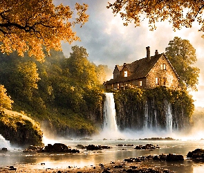 Chmury, Kamienie, Rzeka, Niebo, Las, Wzgórze, Drzewa, Wodospady, Jesień, Dom