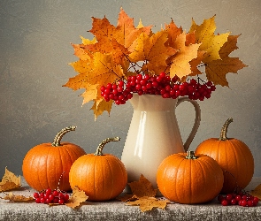 Kompozycja, Stół, Dzbanek, Kompozycja, Dynie, Jagody, Pożółkłe, Liście, Czerwone