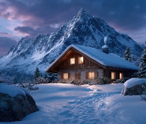 Grafika AI, Wieczór, Oświetlony, Zima, Dom, Góry