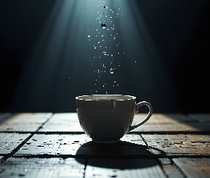 Komputerowa, Cień, Krople, Grafika, Kawa, Napój, Herbata, Stół, Filiżanka, Drewniany