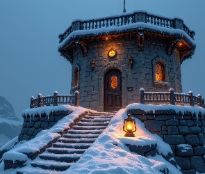 Wieża, Lampion, Śnieg, Schody, Oświetlona