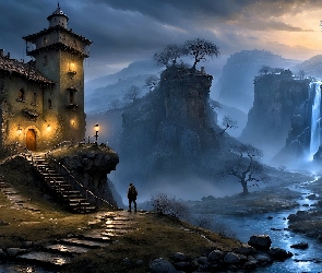 Wodospad, Człowiek, Skały, Grafika, Wąwóz, Dom