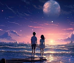 Dziewczynka, Chłopiec, Góry, Grafika, Morze, Księżyc