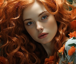 Kwiaty, Pomarańczowe, Rudowłosa, Kobieta