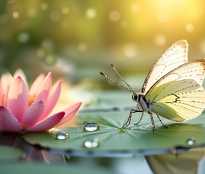 Motyl, Grafika, Lilia wodna, Różowa, Biały