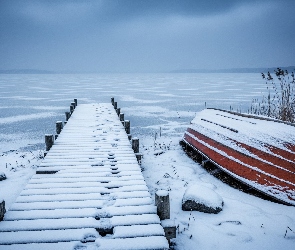 Jezioro, Niebo, Pomost, Łódka, Zima