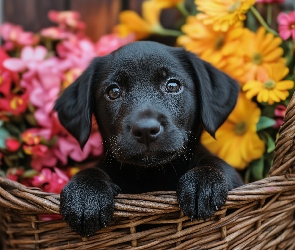Czarny, Kwiaty, Koszyk, Pies, Szczeniak