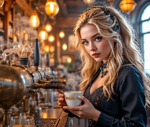 Blondynka, Grafika AI, Kawiarnia, Kawa, Kobieta