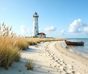 Plaża, Trawa, Łódka, Morze, Latarnia morska