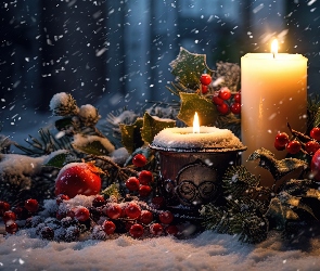 Kompozycja, Noc, Gałązki, Świece, Jabłka, Śnieg