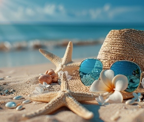 Kwiaty, Rozgwiazdy, Piasek, Plaża, Kapelusz, Okulary