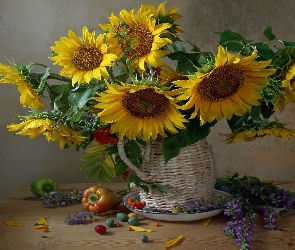 Słoneczniki, Kompozycja, Dzban, Wiklinowy, Kwiaty