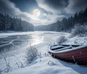 Drzewa, Rzeka, Śnieg, Łódka, Księżyc, Zima, Noc