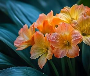 Kwiaty, Grafika, Liście, Ciemnozielone, Pomarańczowe