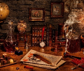 Lampa, Gazeta, Kompozycja, Fajka, Kieliszek, Pralinki, Globus, Karafki, Dym, Obrazki, Książki