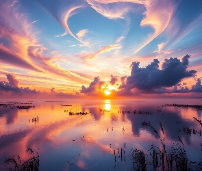 Rośliny, Chmury, Niebo, Kolorowe, Jezioro, Zachód słońca