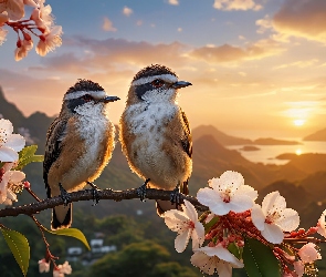 Ptaki, Zachód słońca, Gałązka, Kwiaty, Dwa