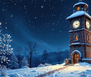 Noc, Zegar, Drzewa, Zima, Wieża, Droga